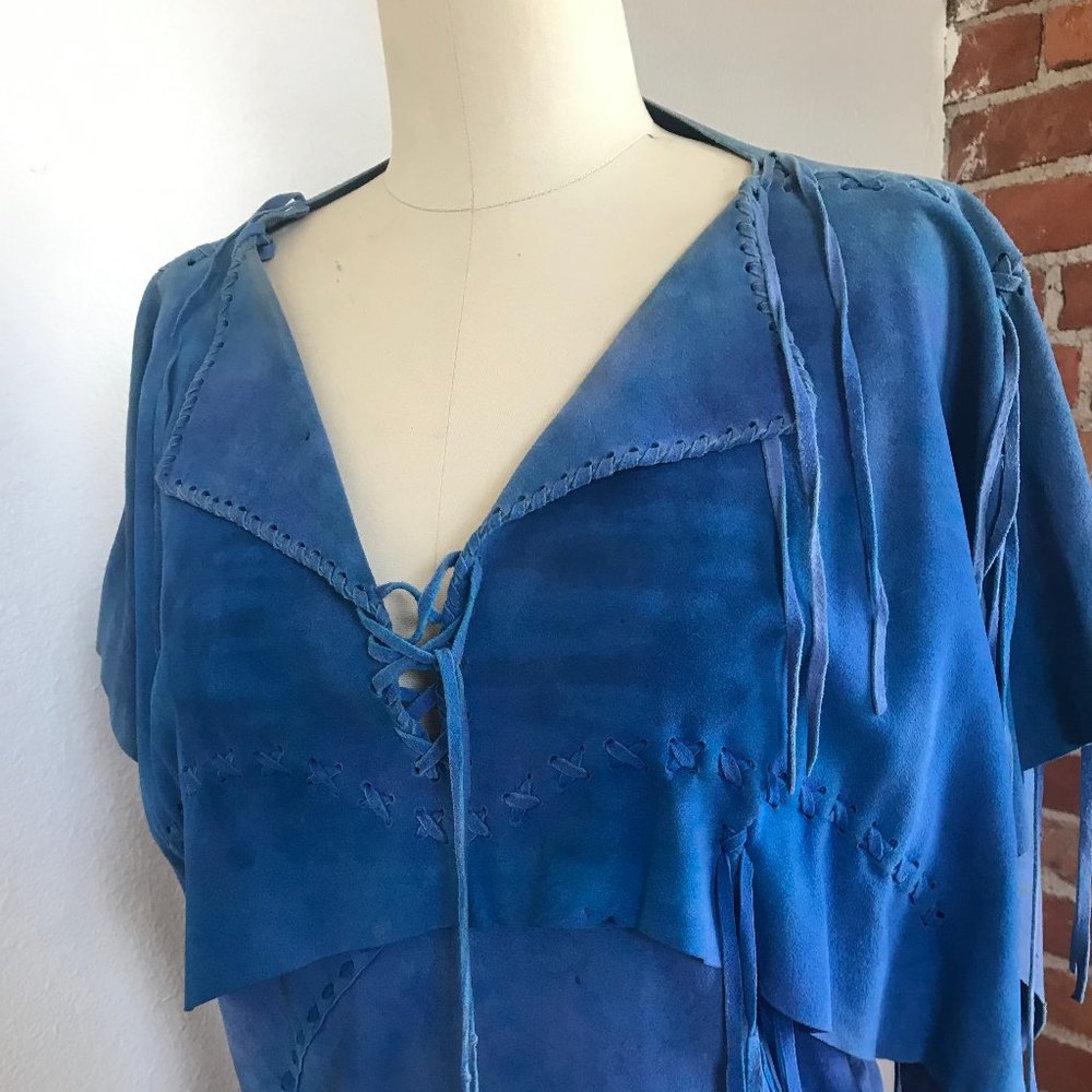 Vintage Erda Blue Suede fringe dress Sz Sm. Very rare.